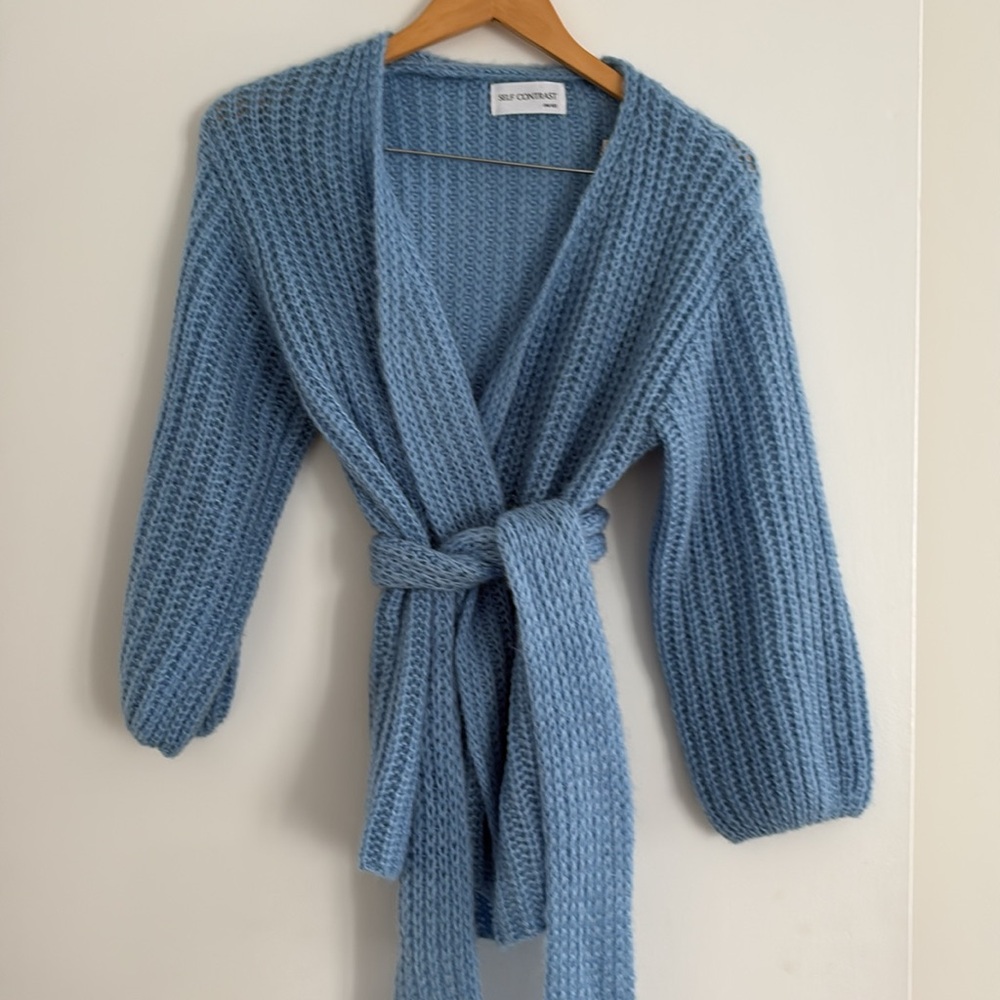 Beautiful blue cardigan sweater by self contrast at Anthropologie.